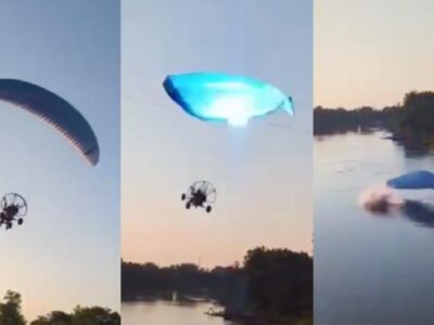 Impactante: Parapente choca con cables eléctricos y cae al río… ¡sobrevive de milagro!