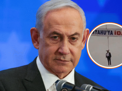 Cuelgan muñeco del primer ministro Netanyahu en una grúa en Turquía con pancarta que pide “pena de muerte para Netanyahu”