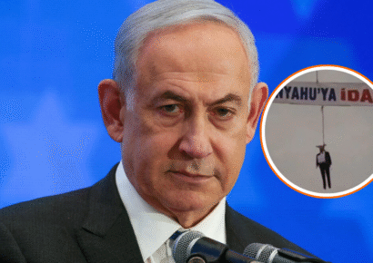 Cuelgan muñeco del primer ministro Netanyahu en una grúa en Turquía con pancarta que pide “pena de muerte para Netanyahu”