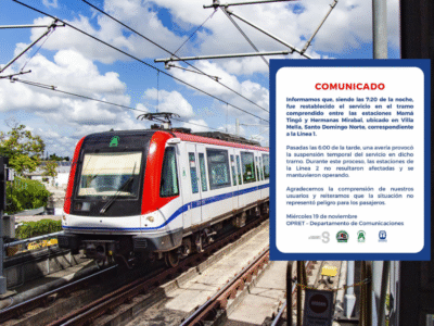 OPRET restablece servicio en Línea 1 tras avería entre Mamá Tingó y Hermanas Mirabal