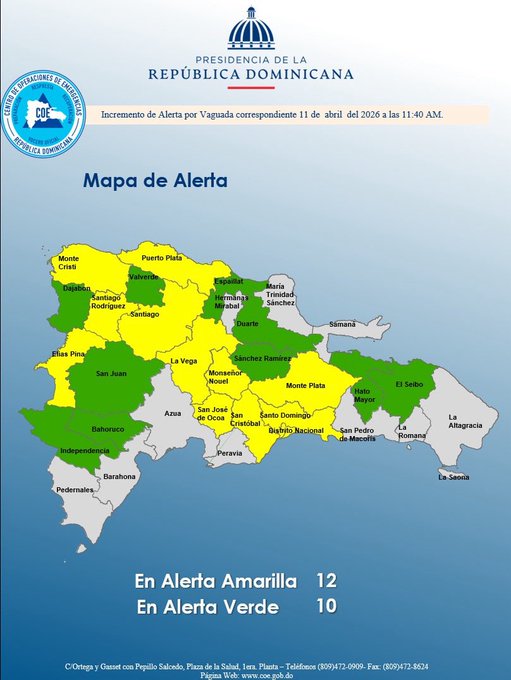 COE extiende alerta amarilla a 11 provincias y el DN por lluvias fuertes, y mantiene 10 en alerta verde