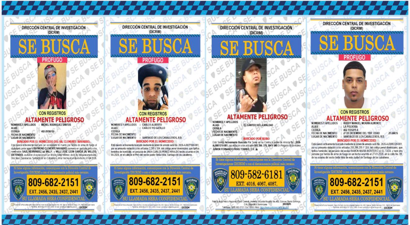 La Policía identificó además a otros integrantes de la supuesta banda criminal que permanecen prófugos: Michael Rodríguez Santos, alias “El Viajante” y/o “El Deportao”; “Marinito”, también conocido como “Niquelado”, “Chencho” o “Papi Jordan”; Carlos Alberto, alias “Gatillo”; y otro individuo apodado “El Gánster” o “La Maldad”.